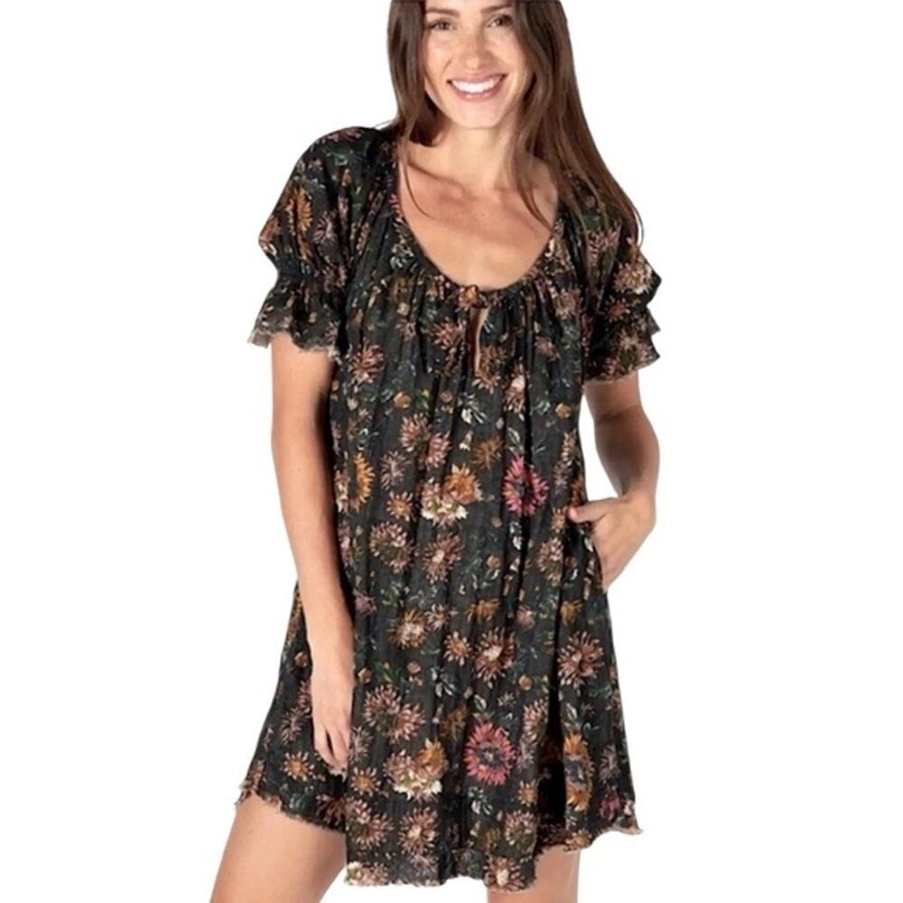 Natural Life‎ Sienna Gauze Mini Dress Floral Black Raw Frayed Hem Size M Cotton